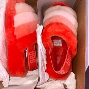 UGG Fluff Yeah Slide Sandals in Red & Light Pink Ombre